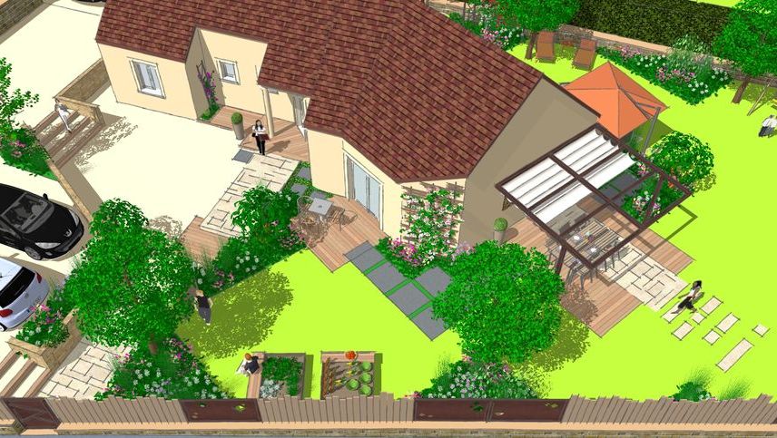 Projet 3D près de Chalon, pour aménagement complet des extérieurs de cette maison neuve, aves entrée, terrasses, plantations et création d'espaces de vie