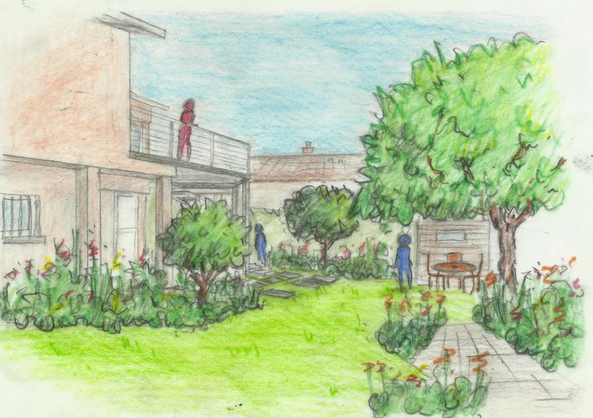 Projet paysager crayonné pour un espace de vie sur plusieurs niveaux dans ce jardin à Mâcon, avec terrasse sur pilotis et potager