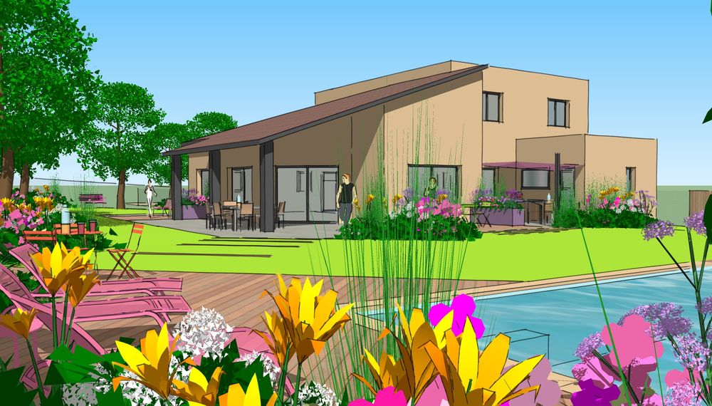 Projet d'aménagement paysager en 3D, pour jardin avec piscine, spa, terrasses et espaces de vie, dans le Mâconnais