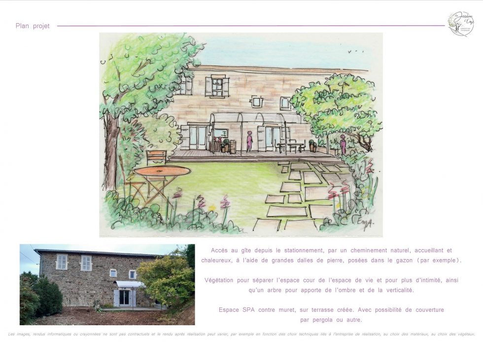 Croquis pour création de l'accès à la terrasse de ce gîte à Vaux en Beaujolais, grâce à des dalles de pierre bordées de plantations, menant sur une terrasse bois, ombragée par une pergola en fer forgé.