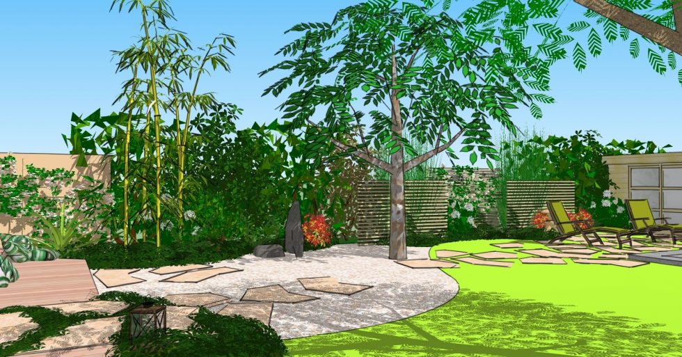 Image 3D pour le projet d'aménagement d'un jardin à l'ambiance japonisante, à Mâcon.