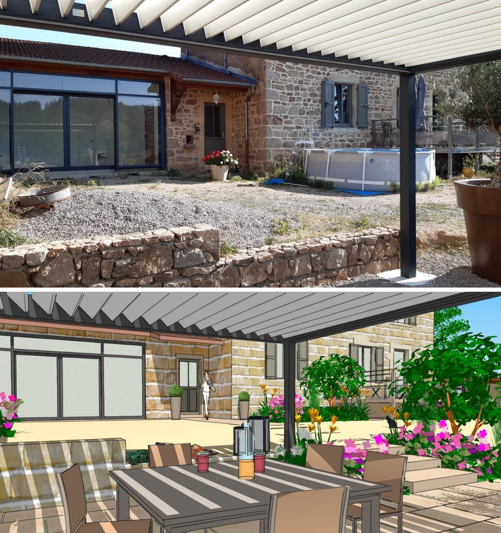 Aménagement d'un espace terrasse avec pergola et plantations, grâce à ce visuel 3D
