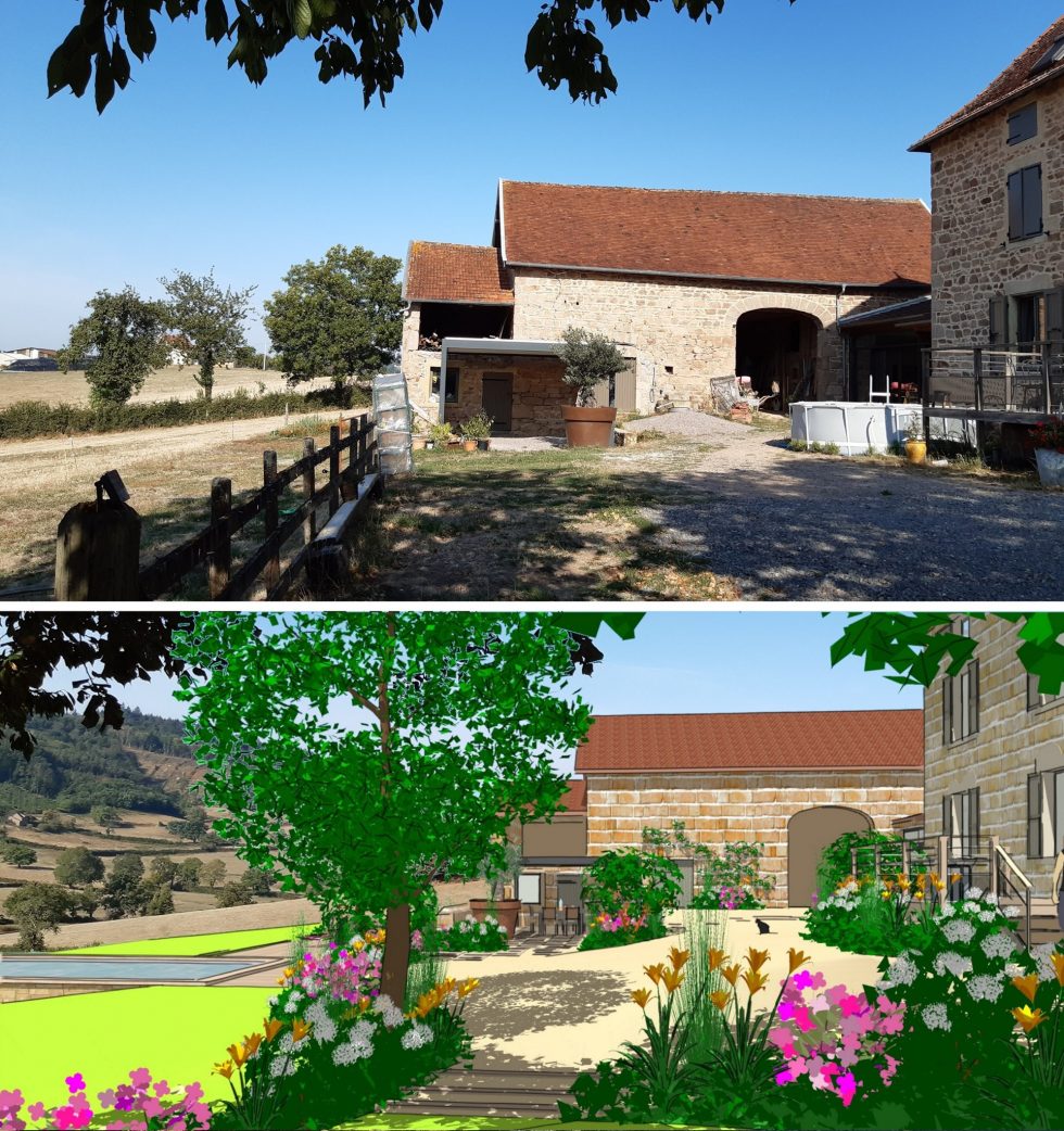 Cour existante et visuel 3D du futur aménagement paysager avec plantations