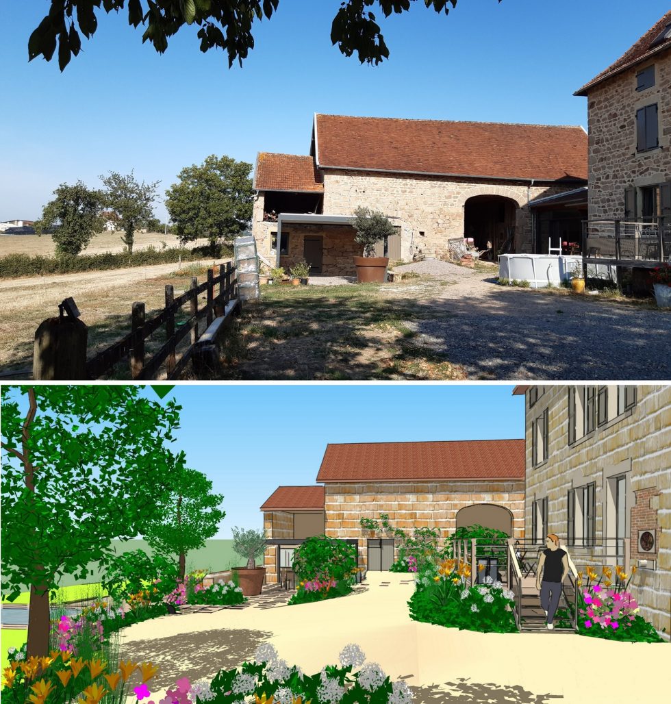 Cour existante et visuel 3D du futur aménagement paysager avec plantations