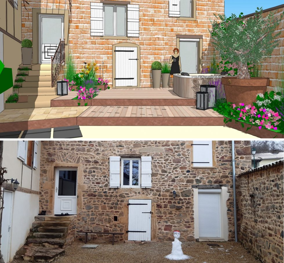 Aménagement d'une cour en pente, avec visuels 3D, pour création d'un espace SPA et ses terrasses. Intégration de plantations.