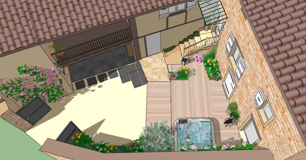 Aménagement d'une cour en pente, avec visuels 3D, pour création d'un espace SPA et ses terrasses. Intégration de plantations.