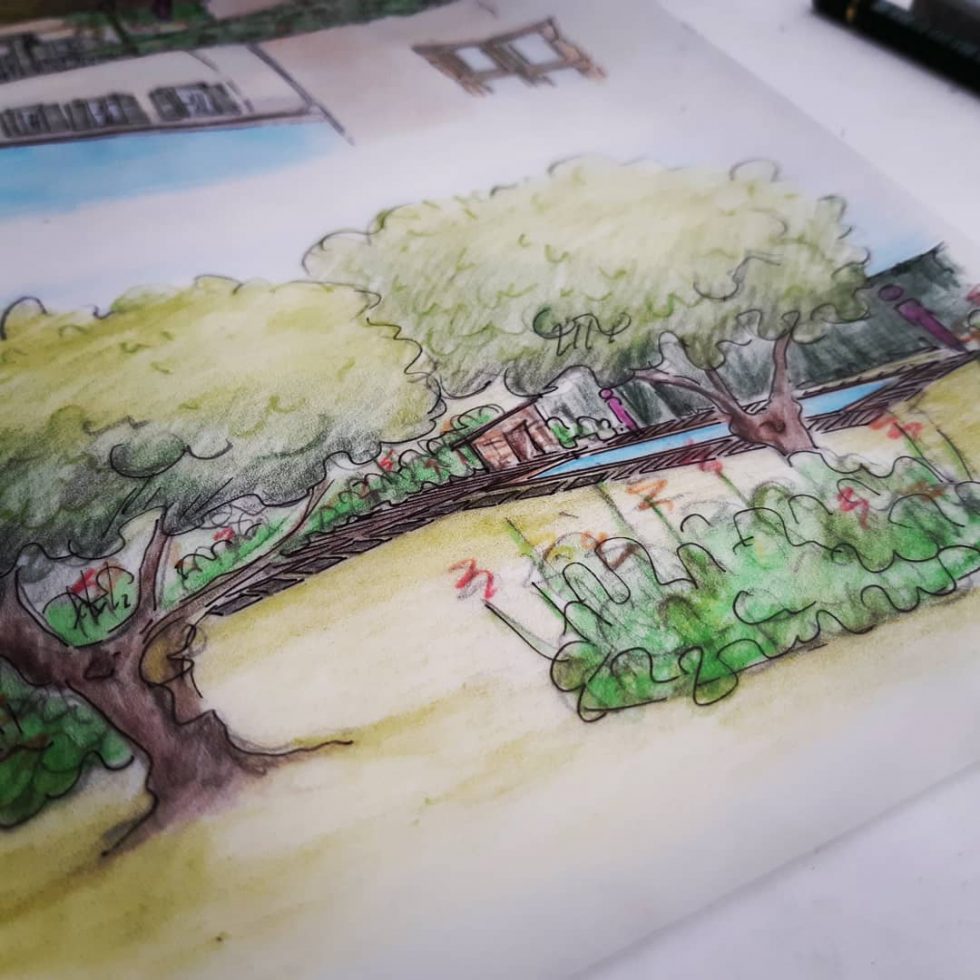 Croquis à la main, pour un projet d'intégration de piscine dans un jardin à Charentay dans le Beaujolais