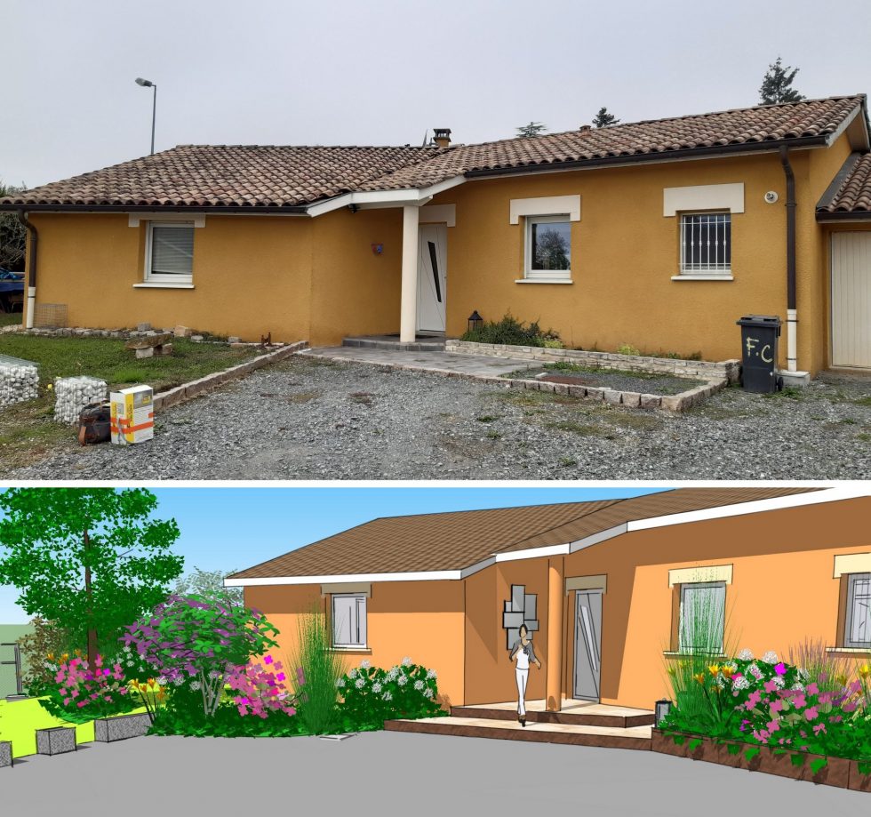 Photo de l'existant et vue 3D, pour le réaménagement de l'entrée de cette maison à Belleville, en y intégrant végétation et matériaux chaleureux.