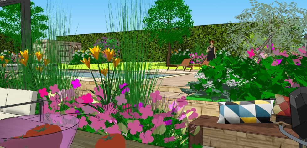 Vue 3D pour l'aménagement des abords d'une piscine à Belleville en Beaujolais. Création de plantations et de banquettes.