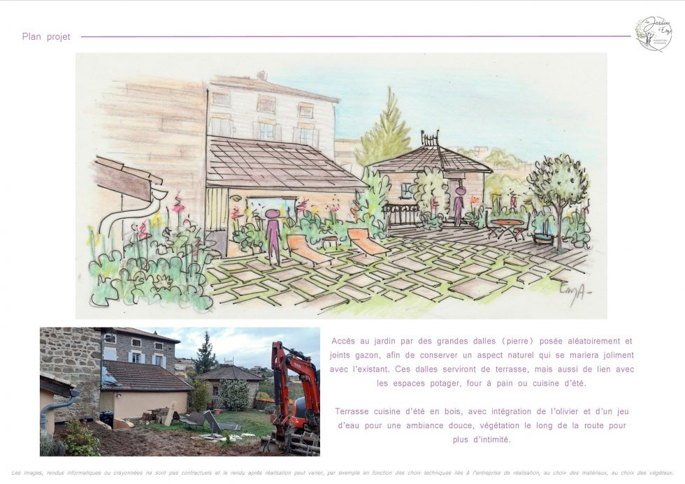 Croquis à la main, pour l'aménagement d'un espace terrasse naturelle, en pierres jointées de gazon.