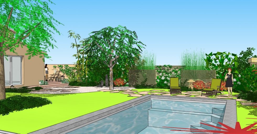 Vue 3D pour un jardin à l'ambiance japonisante, à Mâcon. Intégration d'un espace piscine.