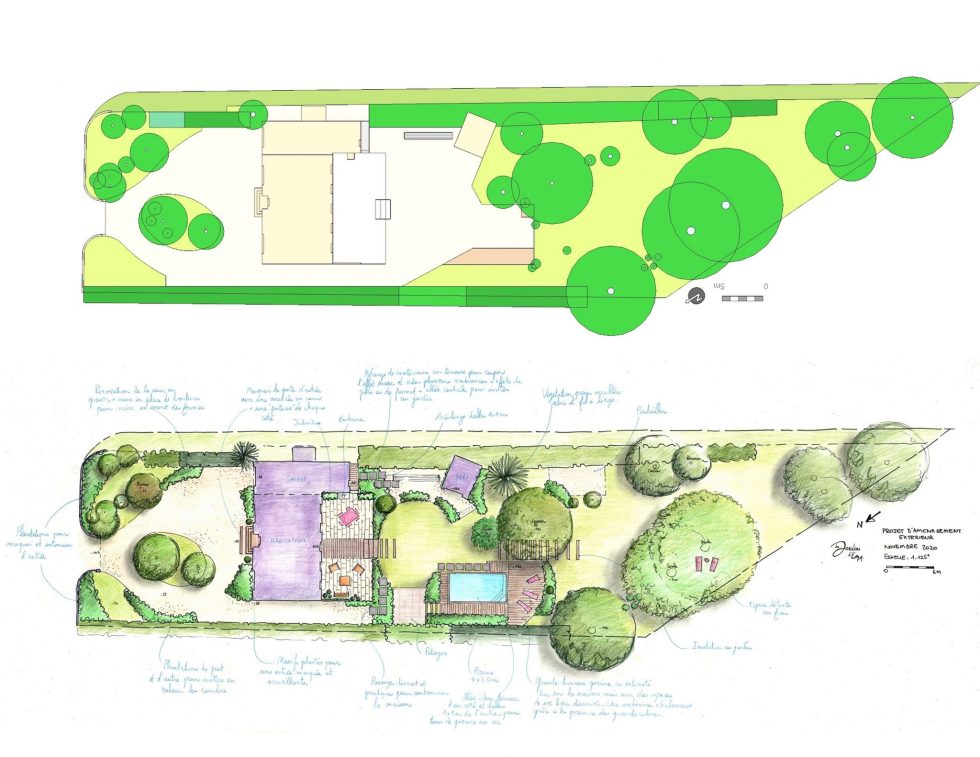 Plan de l'existant et plan du projet, réalisé à la main, pour un jardin tout en longueur près de Chalon sur Saône. Réagencement de la cour, aménagement du jardin et des terrasses, avec intégration d'une piscine.