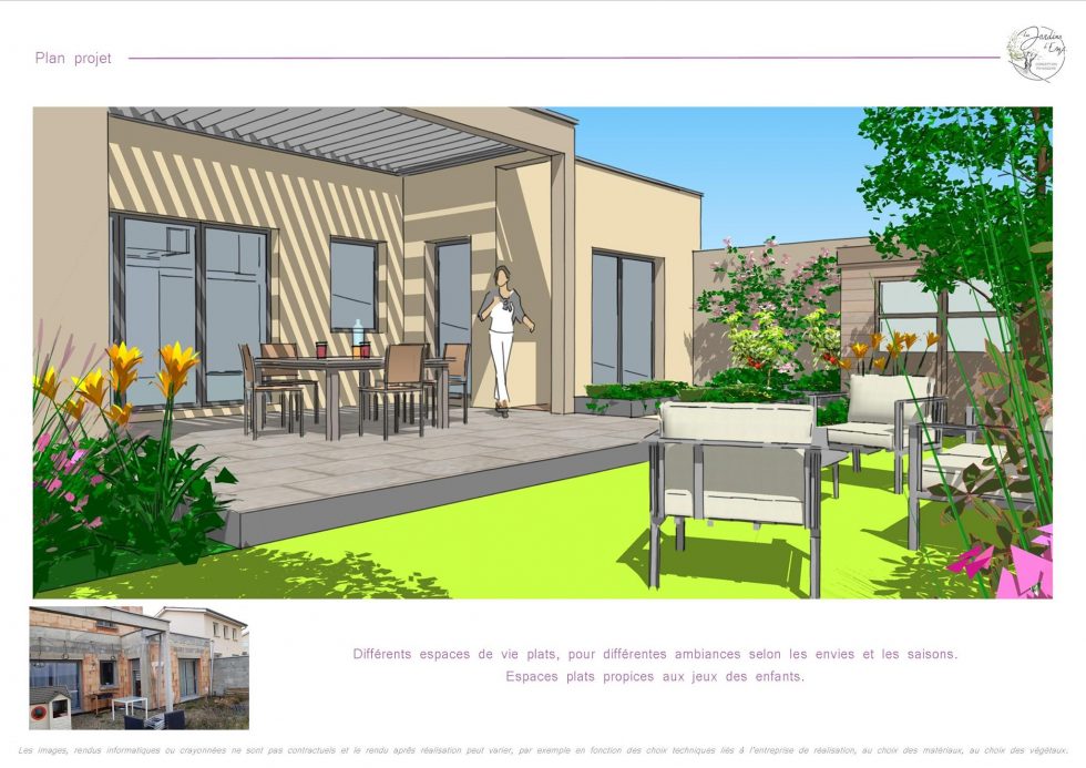Vue 3D pour l'ombrage d'une terrasse sur une maison contemporaine à Anse, dans le Beaujolais, avec création d'espaces de vie.