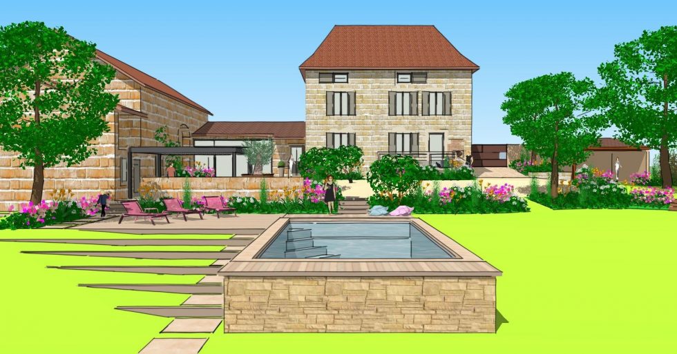 Vue 3D, de l'intégration d'une piscine semi enterrée, dans un jardin en pente dans le Mâconnais. Aménagement paysager de l'ensemble.