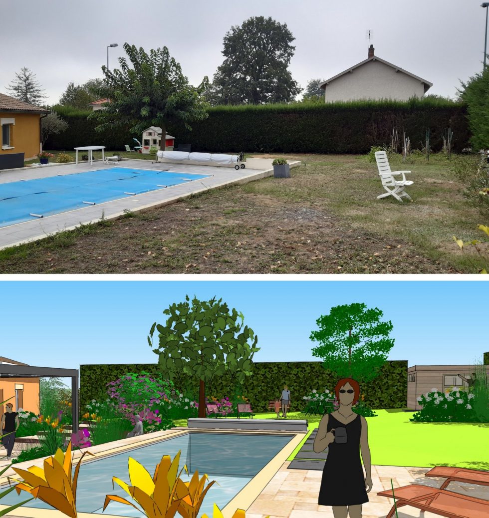 photo de l'existant et projet, pour le réaménagement des abords de cette piscine à Belleville en Beaujolais