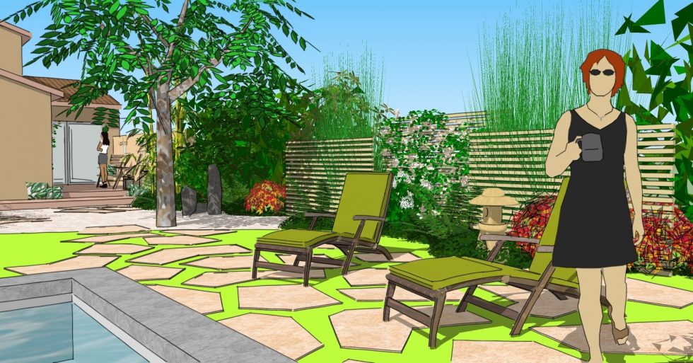 Vue 3D pour l'aménagement d'un jardin à Charnay lès Mâcon, dans une ambiance japonisante et avec intégration d'une piscine.