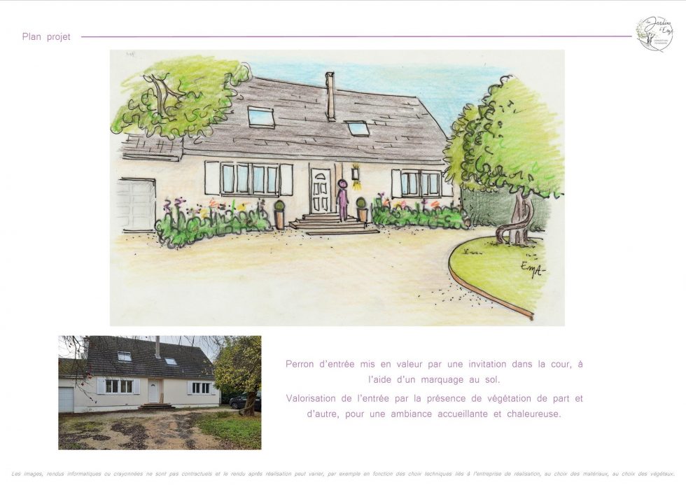 Croquis dessiné à la main pour le projet d'aménagement de l'entrée d'une maison à Chalon. Restructuration de la cour avec des bordures et des plantation, valorisation du perron d'entrée.
