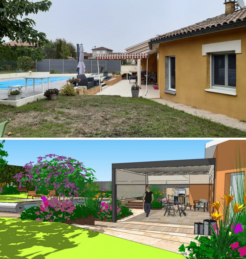 Photo de l'existant et projet 3D, pour la restructuration des espaces de vie de cette maison, avec optimisation des terrasses repas et piscine, création de circulations pratiques et intégration de végétaux.