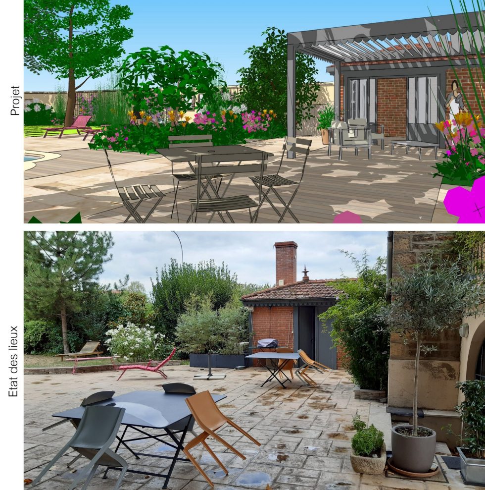 Projet de rénovation de terrasses piscine à Mâcon, avec des matériaux bois et pierre, posés de manière dynamique. Intégration d'une pergola et de plantations fleuries.