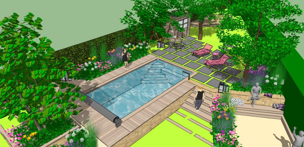 Vue 3D et photo de l'existant pour l'intégration d'une piscine semi-enterrée, sur les extérieurs de cette maison moderne à Mâcon. Gestion des niveaux avec des marches invitantes, valorisation des espaces grâce au choix des matériaux et des végétaux.