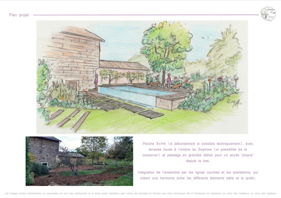 Croquis crayonné à la main, pour un projet de conception d'une piscine semi-enterrée et ses abords, dans le jardin d'un gîte à Vaux en Beaujolais.