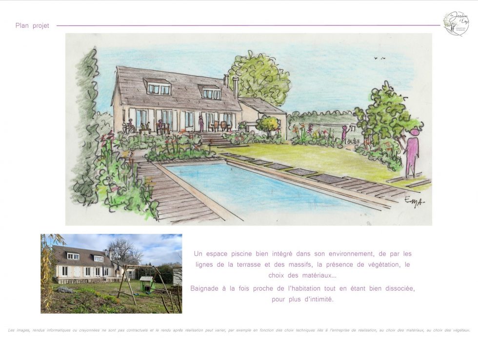 Croquis à la main pour un projet d'intégration de piscine et de sa terrasse en bois, dans un jardin naturel près de Chalon.