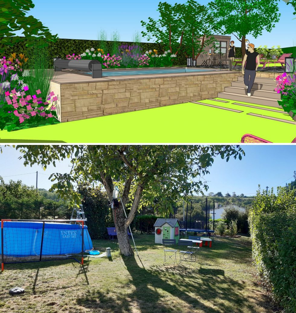 Vue 3D et photo de l'existant pour l'intégration d'une piscine semi-enterrée, sur les extérieurs de cette maison moderne à Mâcon. Gestion des niveaux avec des marches invitantes, valorisation des espaces grâce au choix des matériaux et des végétaux.