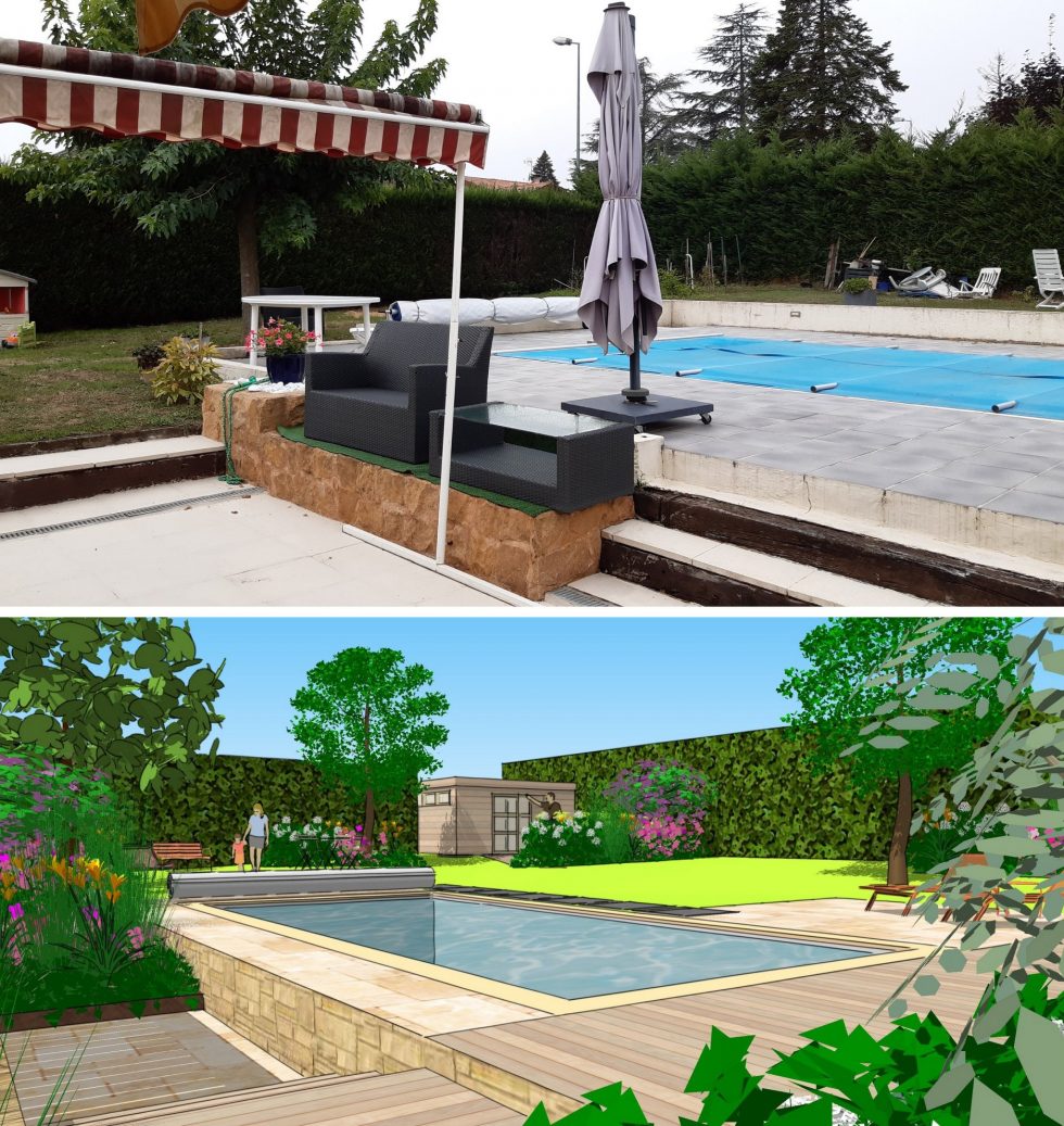 Projet 3D et photo de l'existant d'un projet de réaménagement des abords d'une piscine à Belleville en Beaujolais. Choix de matériaux plus dynamiques et intégration de végétation.