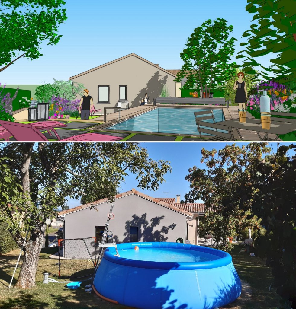 Projet 3D et photo de l'existant d'un projet de piscine semi-enterrée à Sancé, près de Mâcon.