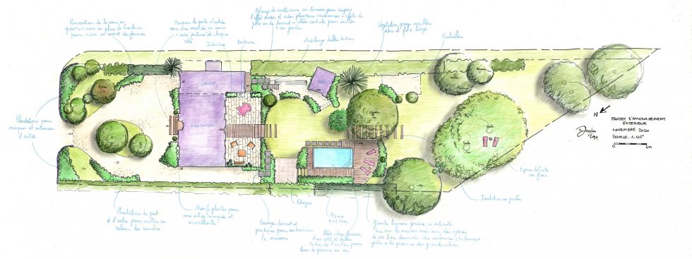 Plan masse à la main pour le réaménagement complet d'un jardin près de Chalon sur Saône. rajeunissement de la cour et des accès grâce à des plantations vivantes. intégration d'un espace piscine à l'arrière, relié harmonieusement aux espaces existants, grâce à des plantations tout en courbes et en douceur.