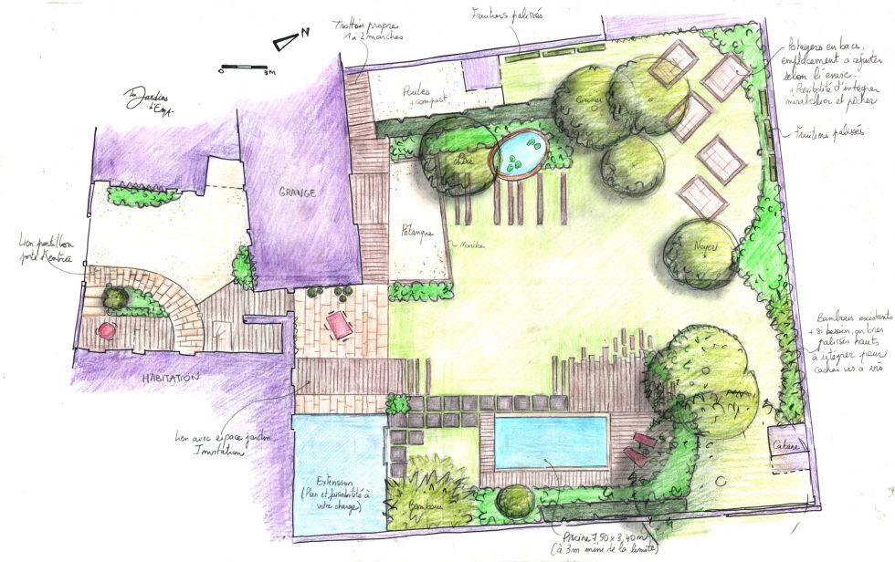 Plan masse dessiné à la main, pour le réaménagement d'un jardin à Saint-Jean sur Veyle, dans l'Ain. Nous y intégrons une piscine ainsi que sa terrasse en bois au lignes naturelles, des carrés potagers, un terrain de pétanque et des plantations naturelles et variées pour harmoniser l'ensemble.