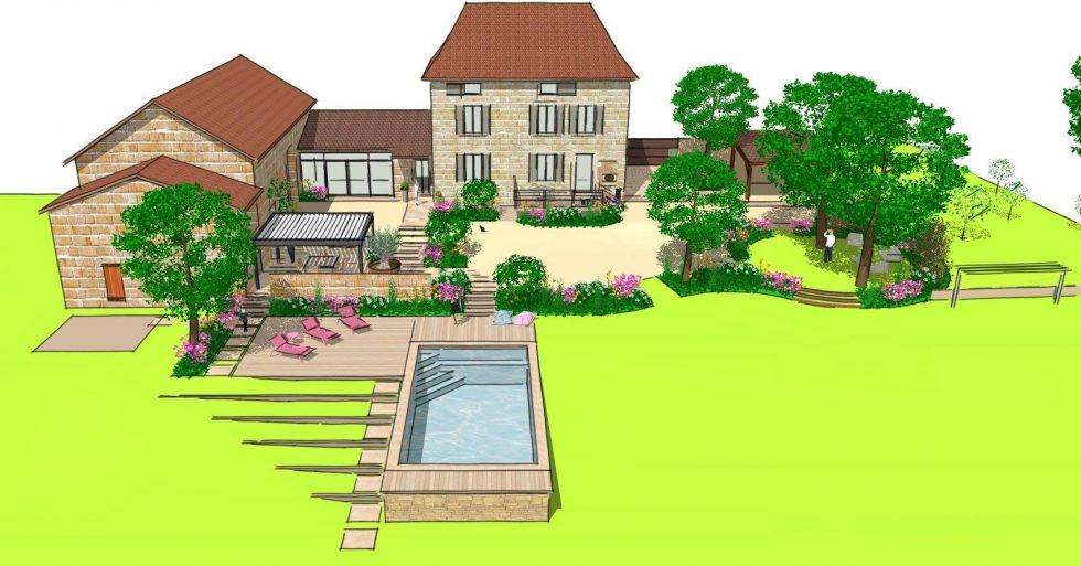 Projet 3D pour ce jardin à Gibles, dans le Charolais. Réaménagement de la cour, des accès, des circulations; intégration d'une piscine semi-enterrée pour respecter les différences de niveaux du terrain. Intégration de plantations variées et colorées. Création d'une terrasse ombragée avec pergola.