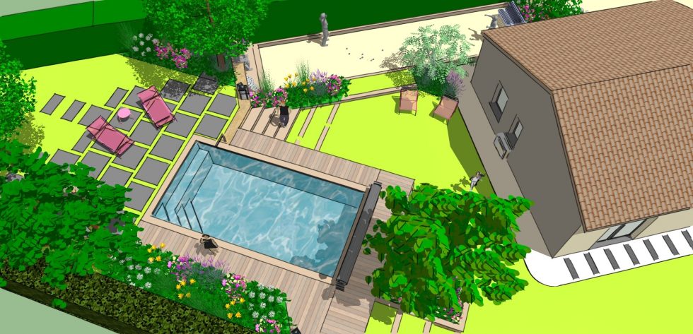 Vue 3D pour l'intégration d'une piscine semi-enterrée et d'un terrain de pétanque, sur les extérieurs de cette maison moderne à Mâcon. Gestion des niveaux avec des marches invitantes, valorisation des espaces grâce au choix des matériaux et des végétaux.
