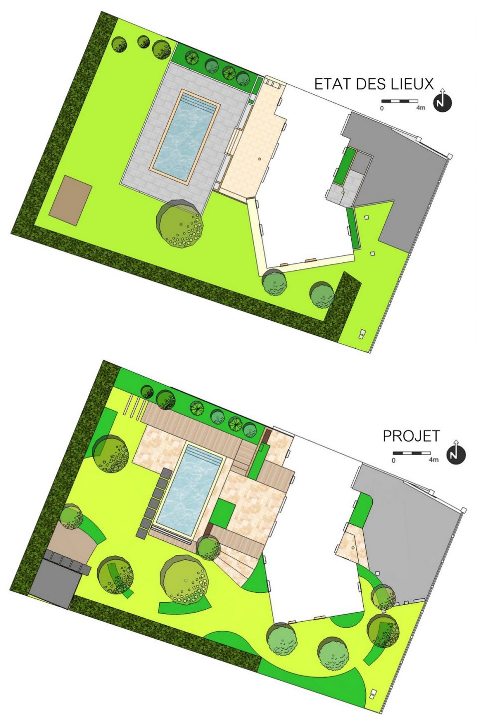 Plan d'état des lieux et plan projet pour le réaménagement complet de ce jardin à Belleville en Beaujolais. Nous avons créé du dynamisme grâce aux lignes transversales et au choix des matériaux. Nous avons donné vie aux différents espaces, grâce au choix de matériaux naturels et à l'ajout de plantations. Nous avons créé plusieurs espaces de vie chaleureux sur ce projet de jardin.