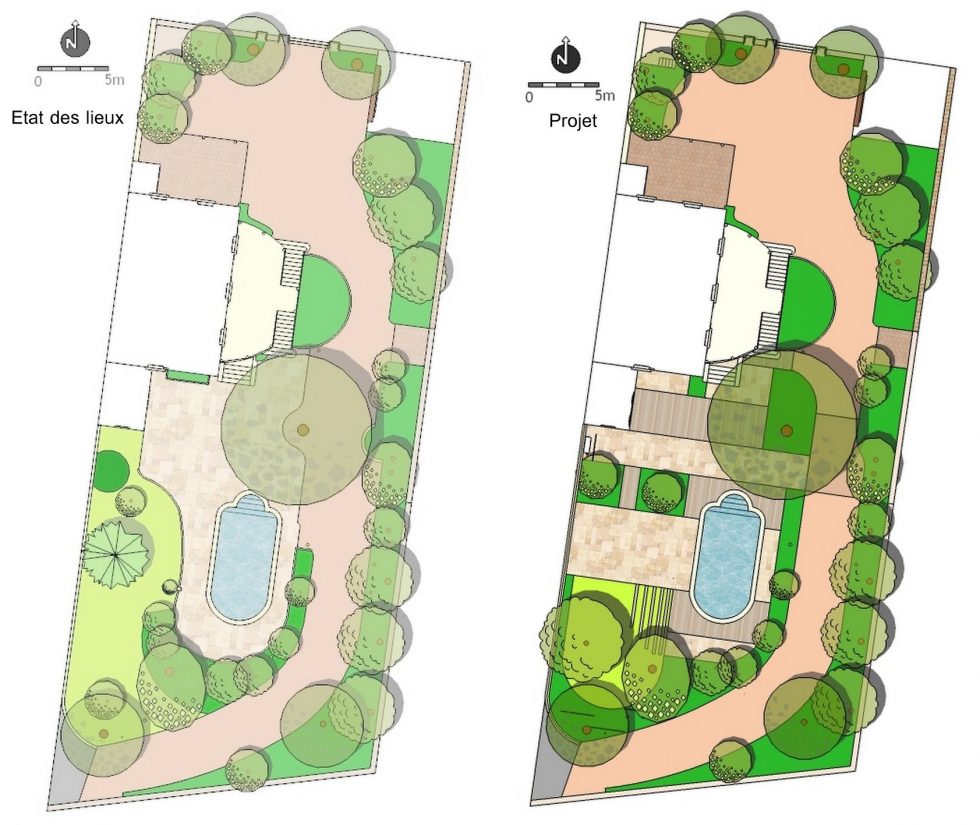 Plan d'état des lieux et plan projet pour le réaménagement des abords de cette piscine à Mâcon. Nous avons créé du dynamisme grâce aux lignes transversales et au choix des matériaux. Nous avons donné vie à cet espace grâce au choix de matériaux naturels et à l'ajout de plantations.