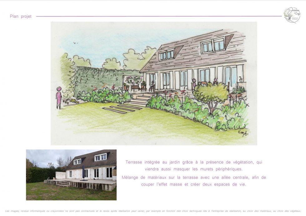 Croquis dessiné à la main, pour un projet de rajeunissement et réaménagement de ce jardin près de Chalon. Création de massifs plantés, rénovation des terrasses, création de lien entre les espaces de vie.