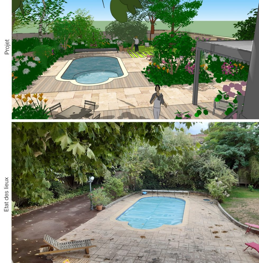 Projet 3D et photo de l'existant pour le réaménagement des abords de cette piscine à Mâcon, à l'aide de matériaux naturels tels que la pierre et le bois et grâce à une végétation vivante et variée.
