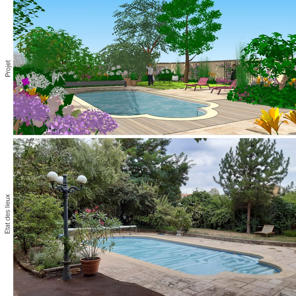 Projet 3D et photo de l'existant pour le réaménagement des abords de cette piscine à Mâcon, à l'aide de matériaux naturels tels que la pierre et le bois et grâce à une végétation vivante et variée.