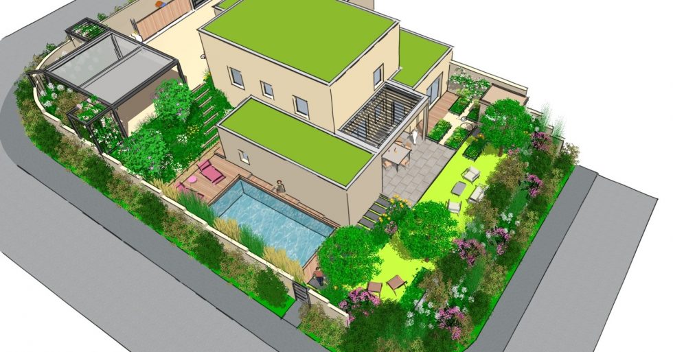 Projet 3D pour les extérieurs de cette maison moderne à Anse, dans le Beaujolais. Création de plusieurs espaces de vie, d'une piscine, d'un espace cour et accès pratique, le tout en tenant compte des différences de niveaux du terrain.