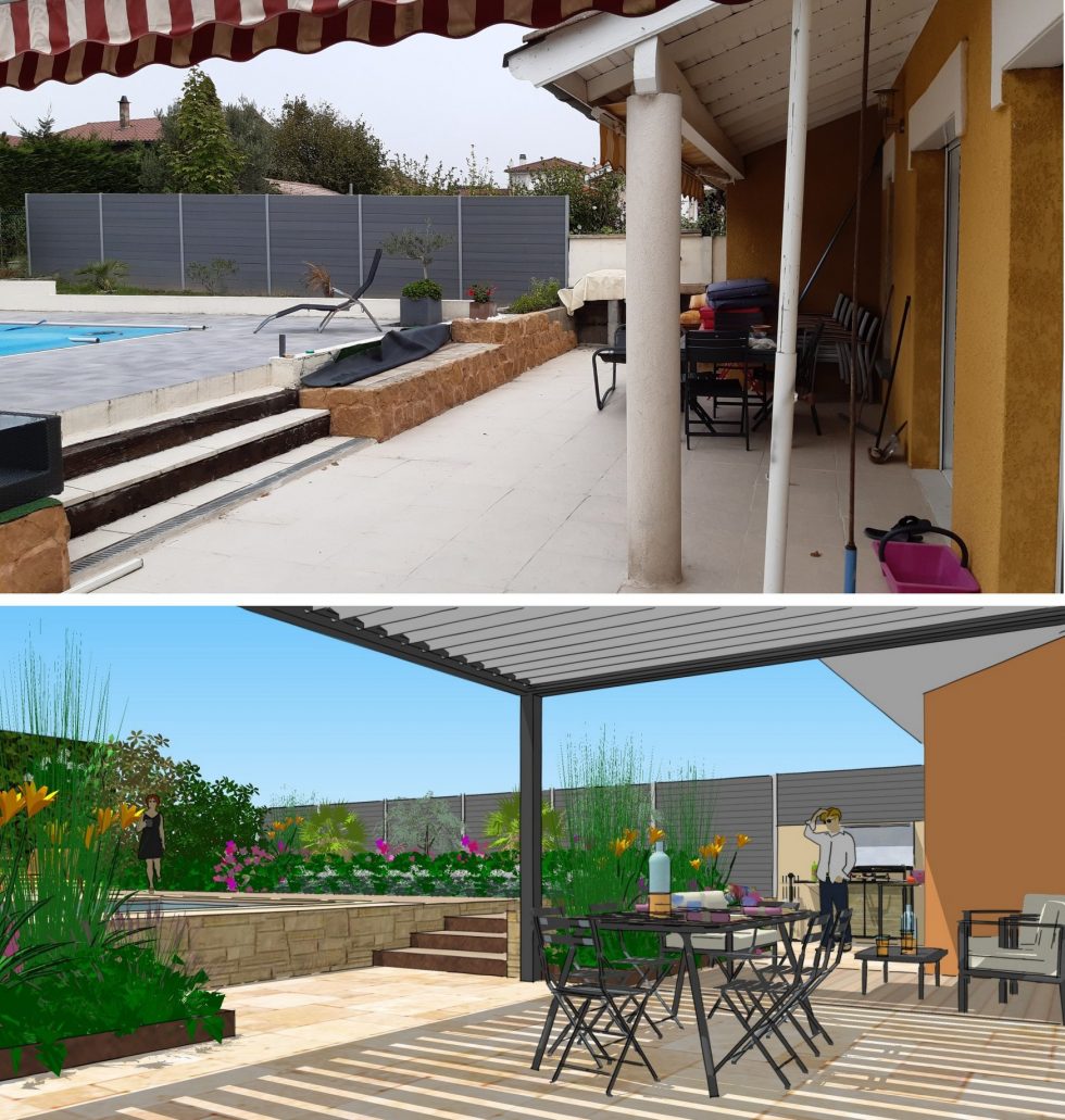 Photo de l'existant et projet 3D, pour la restructuration des espaces de vie de cette maison, avec optimisation des terrasses repas et piscine, création de circulations pratiques et intégration de végétaux.