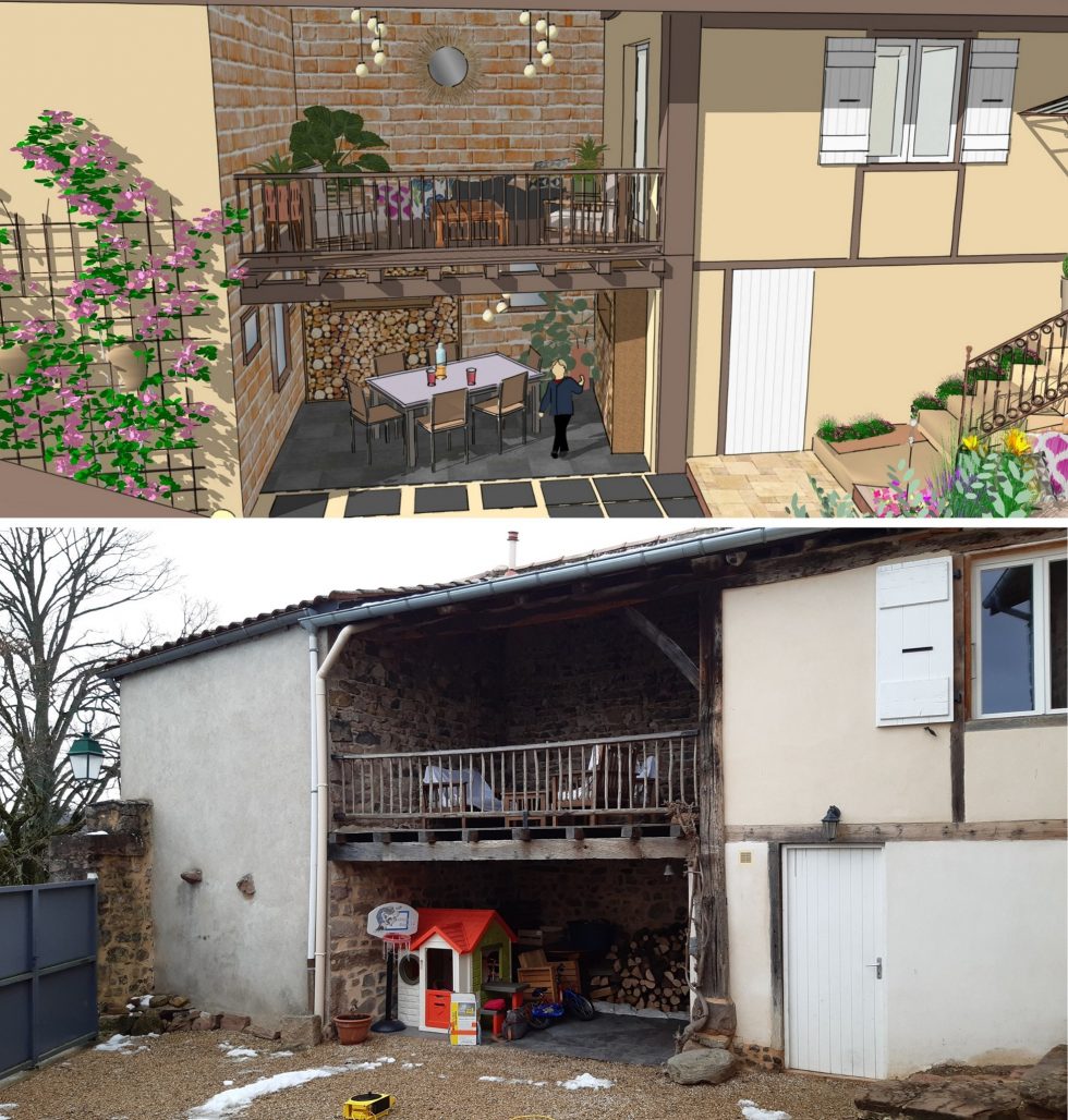 Projet 3D et photo de l'existant, pour le réaménagement de cette mezzanine, dans cette maison ancienne à Pruzilly.