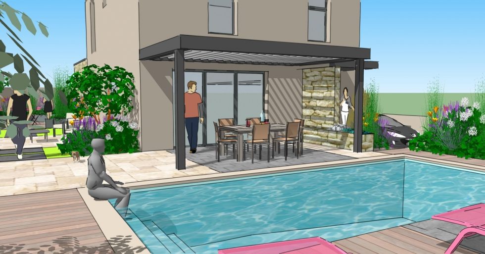 Projet 3D pour le jardin de cette maison neuve à Anse, avec intégration d'une piscine, création de terrasses et de plantations variées.