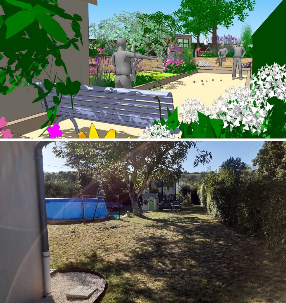 Visuel 3D et photo de l'existant, pour un projet de conception paysagère avec l'intégration d'un terrain de pétanque, bien intégré à son environnement, grâce aux plantations.