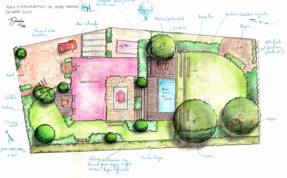 Plan dessiné à la main pour l'aménagement total de ce jardin à Sancé près de Mâcon, dans le cadre de la rénovation et de l'extension d'une petite maison. Création de plusieurs niveaux de terrasses dans ce jardin en pente, pour espace de repas, intégration d'une piscine, conservation d'un grand espace de jeux engazonné. Réagencement de la cour et des accès.