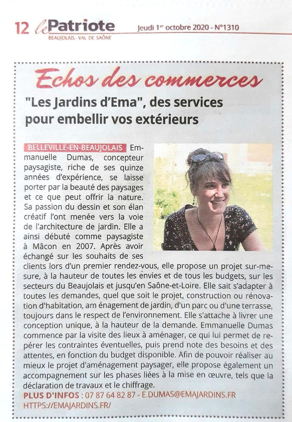 Article à propos de Les Jardins d'EmA, dans le journal Le Patriote Beaujolais Val de Saône