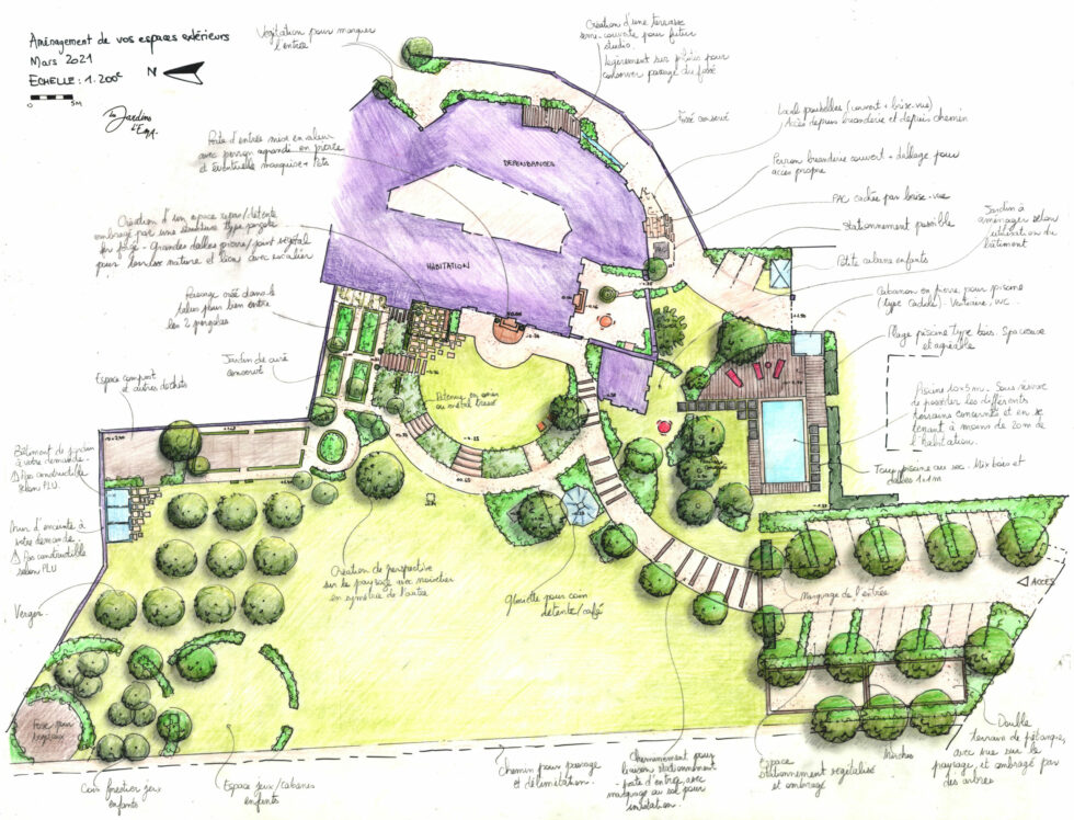 Plan masse réalisé à la main, pour un projet de grande ampleur, dans ce jardin du Beaujolais. Avec intégration d'une piscine, d'un grand parking, d'espaces de vie, d'un verger, de circulations piétonnes ou véhicules. Valorisation de ce jardin dans le paysage vallonné.