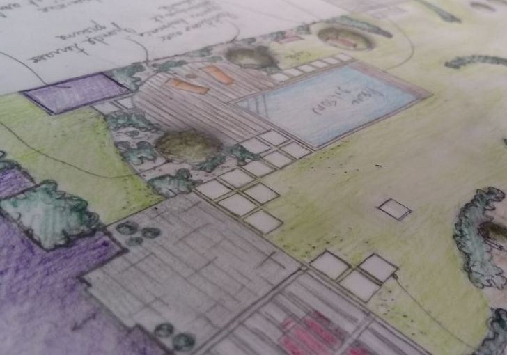 Plan d'aménagement paysager réalisé à la main, pour l'intégration d'une piscine à Feillens - Ain