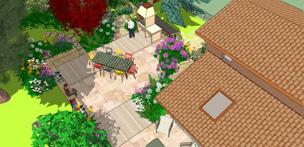 Création d'une terrasse spacieuse et chaleureuse, pour aménagement de plusieurs espaces de vie