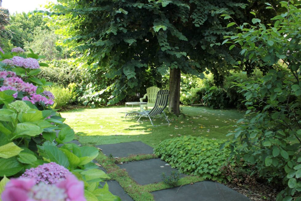 Grandes dalles de pas japonais avec des plantes couvre-sol entre ces dernières, pour un cheminement naturel et pratique, dans un jardin à Mâcon.