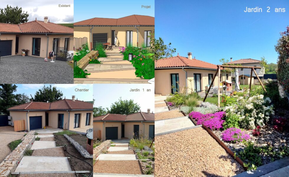 Photos de l'évolution d'un jardin sur 2 ans, dans les Pierres dorées, Beaujolais. Aménagement des accès en pente d'une habitation.